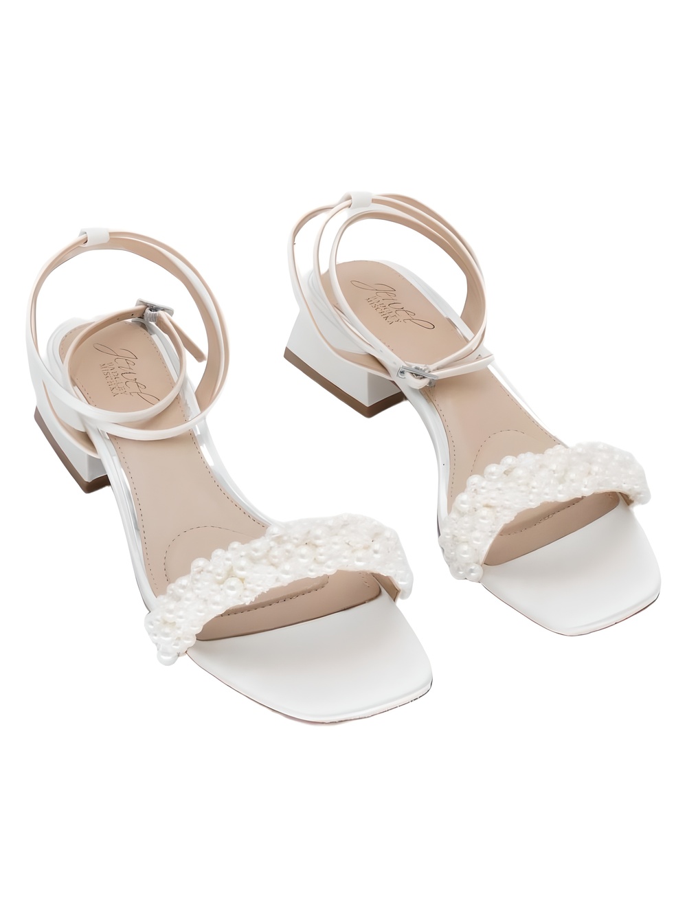 Jewel Badgley Mischka Payton Ivory Satin Pearl Ankle Strap Block Heel Size 8M
